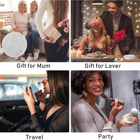 Luxurious Rhinestone LED Lighted Compact Mirror,Bling Portable Travel Makeup Mir - Picture 6 of 6